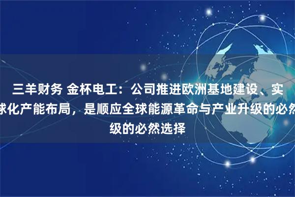 三羊财务 金杯电工：公司推进欧洲基地建设、实施全球化产能布局，是顺应全球能源革命与产业升级的必然选择